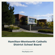 Hamilton-Wentworth Catholic District School Board – KeyApply.com. Real photo: JFVoll / Wikimedia Commons. Source: https://commons.wikimedia.org/wiki/File:St._Thomas_More_Catholic_Secondary_Schoo.jpg. License for photo and this adaptation: https://creativecommons.org/licenses/by-sa/4.0/ ; cropped and composed.