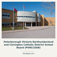 Peterborough Victoria Northumberland and Clarington Catholic District School Board (PVNCCDSB) – KeyApply.com. Real photo: Dillan Payne (pascalhd2) / Wikimedia Commons. Source: https://commons.wikimedia.org/wiki/File:Holy_Trinity_Catholic_Secondary_School,_Courtice,_April_13_2025.jpg. License for photo and this adaptation: https://creativecommons.org/licenses/by-sa/2.0/ ; cropped and composed.